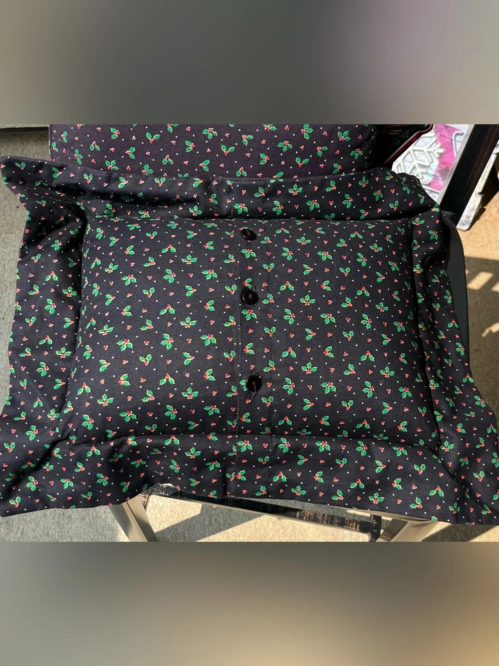 Vera Bradley Black Pillows - Setnof 2 with Red & Green Holly Ribbon Border.